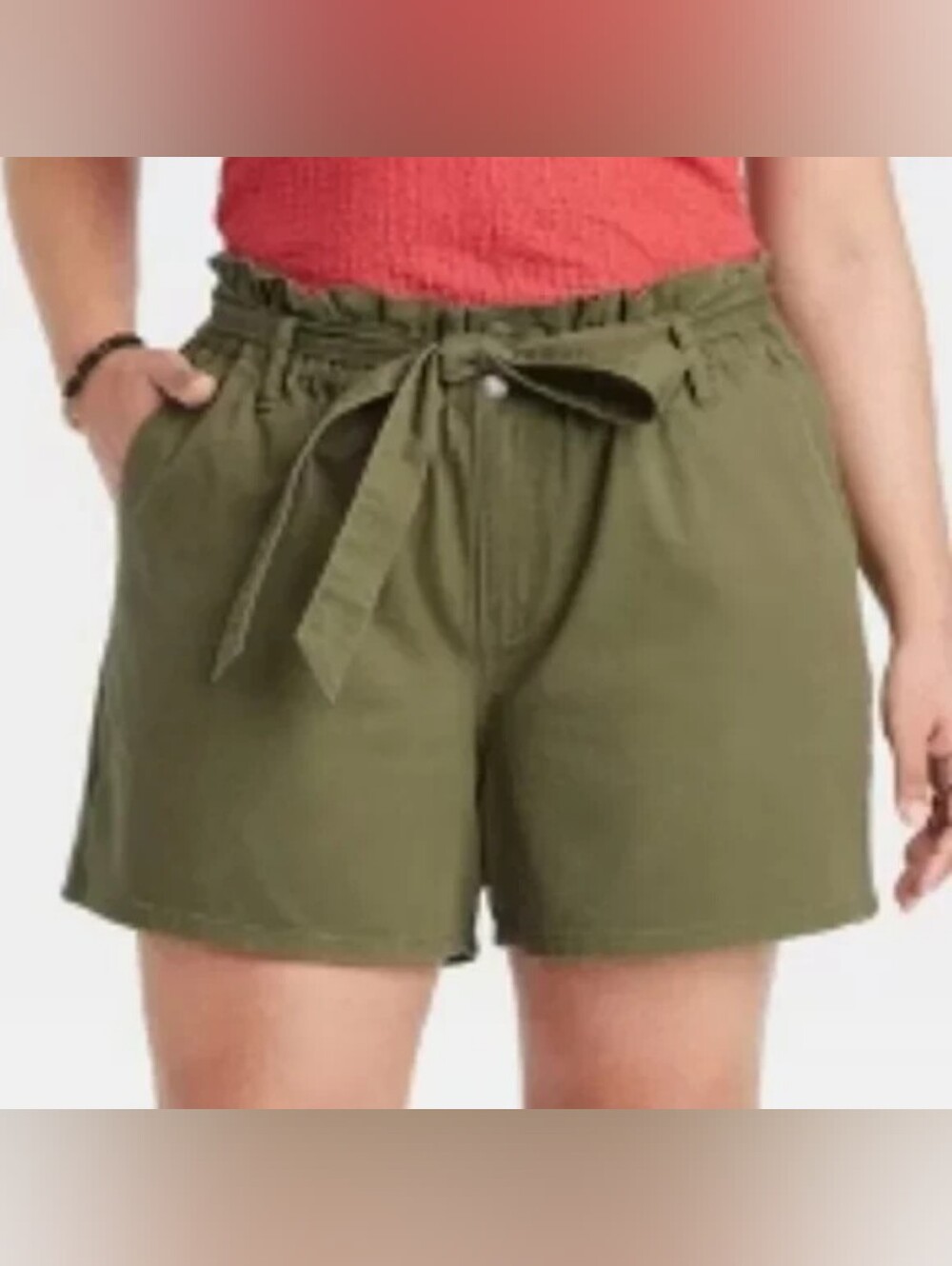 Ava & Viv Olive High-Waist Paperbag Shorts with Tie